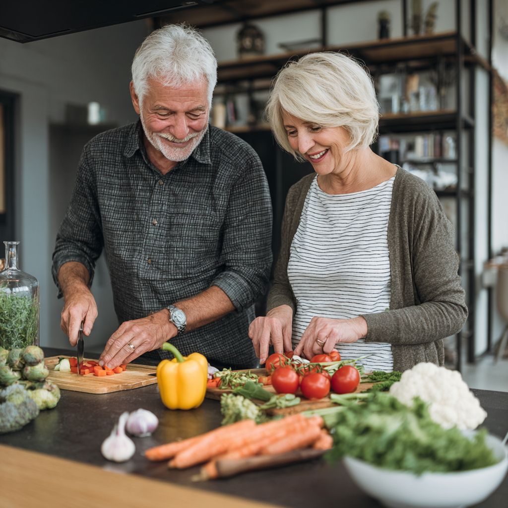 Active senior couple preparing healthy meal together in modern kitchen