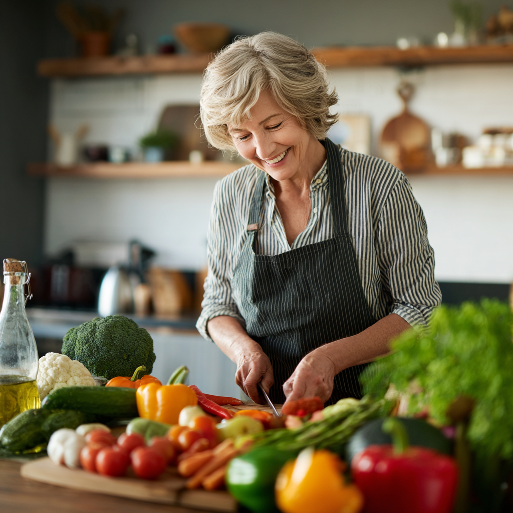 Middle-aged woman preparing nutritious meal with fresh vegetables and fruits